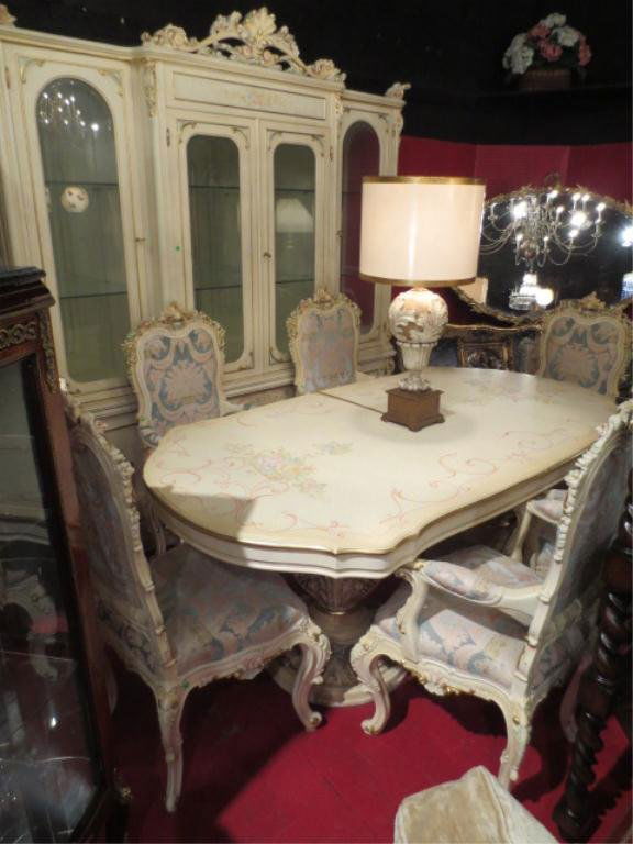 MADE IN ITALY ROCOCO DINING TABLE, DUAL PEDESTAL, O: MADE IN ITALY ROCOCO DINING TABLE, DUAL PEDESTAL, ORNATELY CARVED WOOD BASE, 4 ARMCHAIRS, 2 HOST/HOSTESS CHAIRS WITH BLUE, CREAM, AND PINK VELVET UPHOLSTERY, EXCELLENT CONDITION, MATCHING BREAKFRONT S