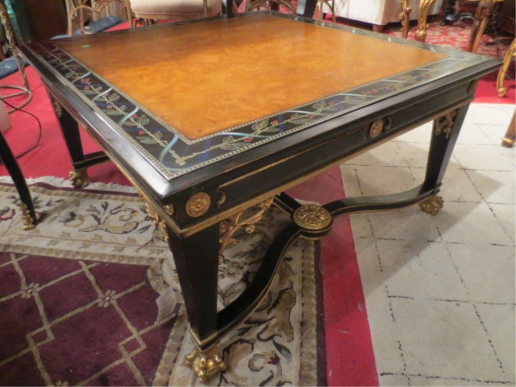 NEW NEVER USED DCOTA DESIGNER COCKTAIL TABLE, FRENC: NEW NEVER USED DCOTA DESIGNER COCKTAIL TABLE, FRENCH EMPIRE STYLE SOLID WALNUT, BURLED OAK VENEER TOP, HANDPAINTED BORDER, GILT BRONZE CLAW AND BALL FEET AND MEDALLIONS, WHOLESALE OVER $2200, EXCELLEN