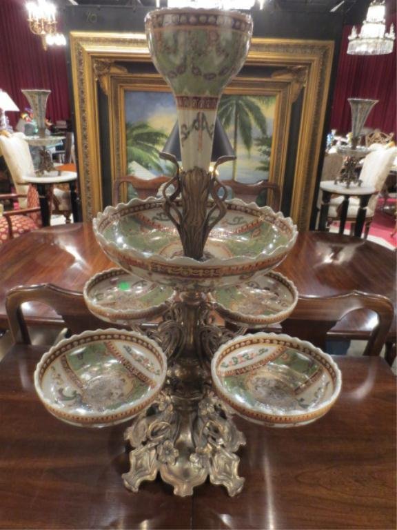 BRONZE & PORCELAIN CENTERPIECE EPERGNE, WITH CENTR: BRONZE & PORCELAIN CENTERPIECE EPERGNE, WITH CENTRAL VASE SURROUNDED BY 4 BOWLS, APPROX 26" HIGH