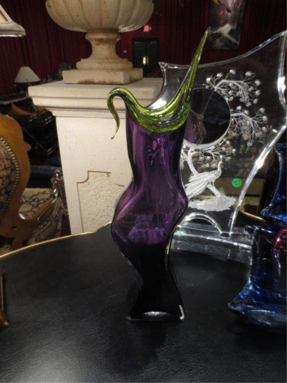 HUGE YOUNG & CONSTANTINE ART GLASS VASE, PURPLE WIT: HUGE YOUNG & CONSTANTINE ART GLASS VASE, PURPLE WITH GREEN RIM, SIGNED ON BASE, APPROX 19"