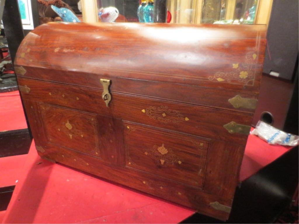 LARGE WOOD CHEST WITH ORNATE BRASS AND WOOD INLAID : LARGE WOOD CHEST WITH ORNATE BRASS AND WOOD INLAID DESIGNS, APPEARS TO BE FROM INDIA, APPROX 4' L