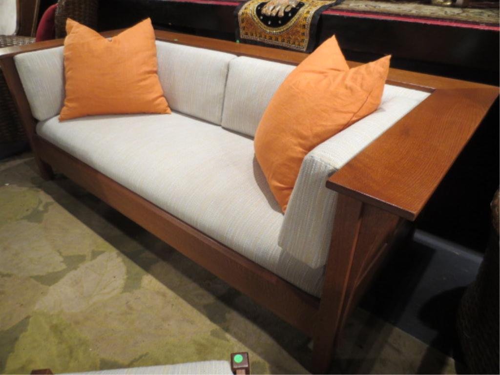 STICKLEY ARTS AND CRAFTS OAK SOFA, PALE BLUE AND BE: STICKLEY ARTS AND CRAFTS OAK SOFA, PALE BLUE AND BEIGE UPHOLSTERY, LABELED STICKLEY, IMMACULATE CONDITION, MATCHING RECLINING MORRIS CHAIR AND OTTOMAN SOLD SEPARATELY, H 29", L 83", D 34"
