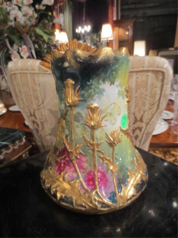 ROYAL BONN VASE WITH THISTLE DESIGN, CIRCA 1836-193: ROYAL BONN VASE WITH THISTLE DESIGN, CIRCA 1836-1931, FRANZ ANTON MEHLEM POTTERY, SLIGHT AGE CRACK PICTURED, APPROX 8" HIGH