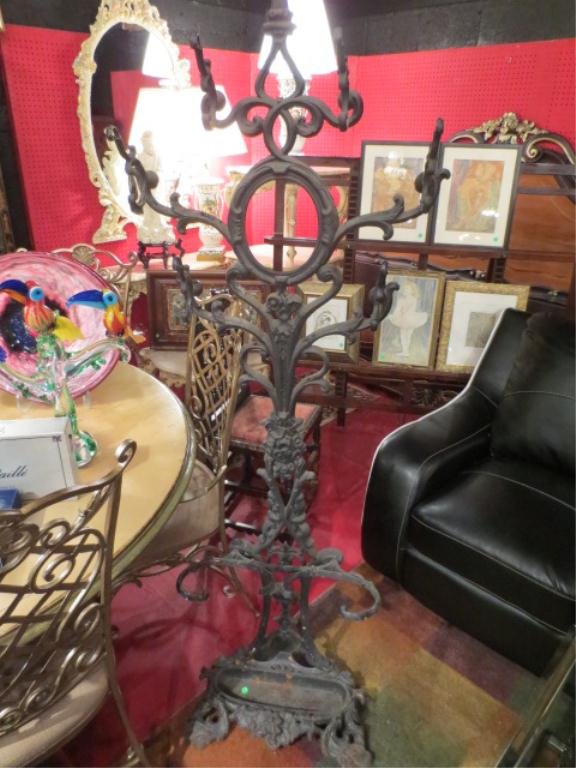 ANTIQUE CAST IRON HALL TREE WITH COAT HOOKS AND UM: ANTIQUE CAST IRON HALL TREE WITH COAT HOOKS AND UMBRELLA STANDS, APPROX 6' H