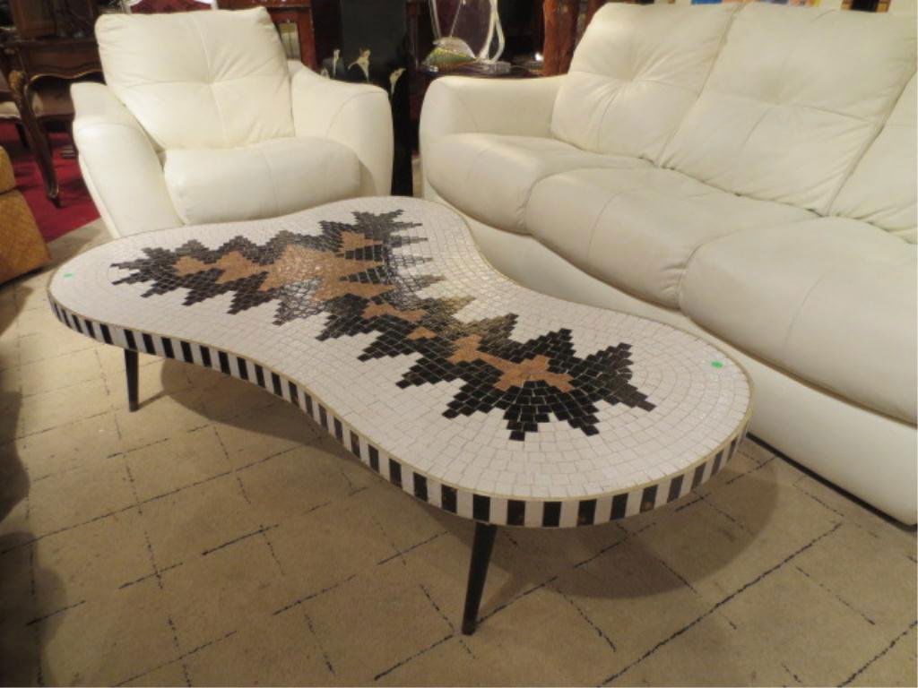 MIDCENTURY MODERN COFFEE TABLE, VINTAGE 1950's, WH: MIDCENTURY MODERN COFFEE TABLE, VINTAGE 1950's, WHITE, BLACK, AND COPPER TILES, BLACK LACQUER LEGS, APPROX 4'L