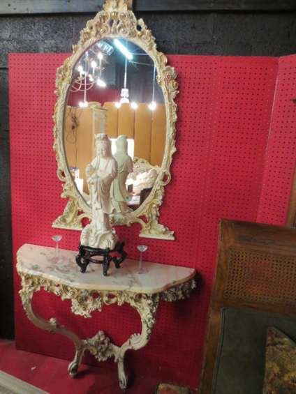 MADE IN ITALY ROCOCO MARBLE TOP FOYER TABLE AND MI: MADE IN ITALY ROCOCO MARBLE TOP FOYER TABLE AND MIRROR, WHITE AND GOLD FINISH, CARVED HANDPAINTED FLORAL ACCENTS, WHITE MARBLE TOP WITH BLACK AND GOLD STRIATIONS, EXCELLENT CONDITION, MIRROR IS APPROX