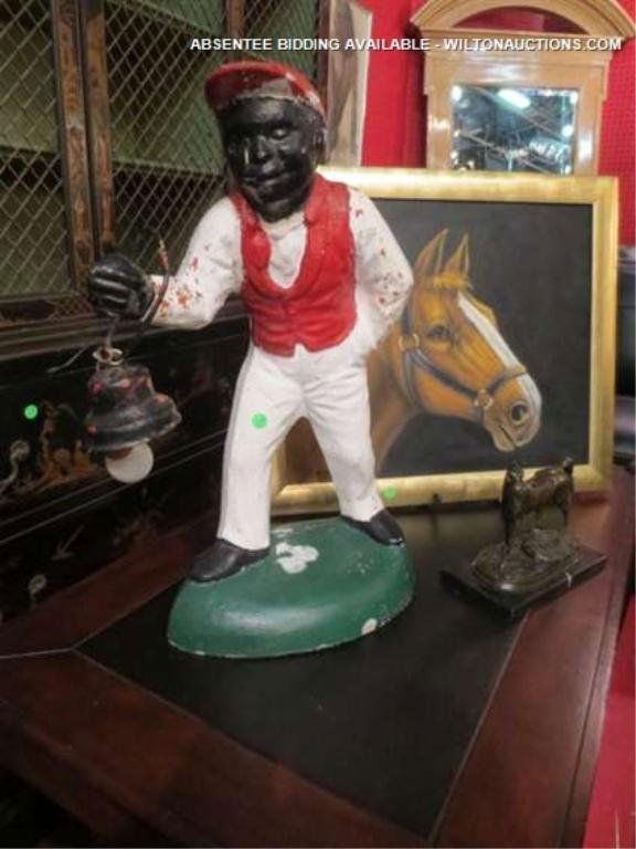 76 VINTAGE CAST IRON LAWN JOCKEY, HOLDS ELECTRIC LIGHT