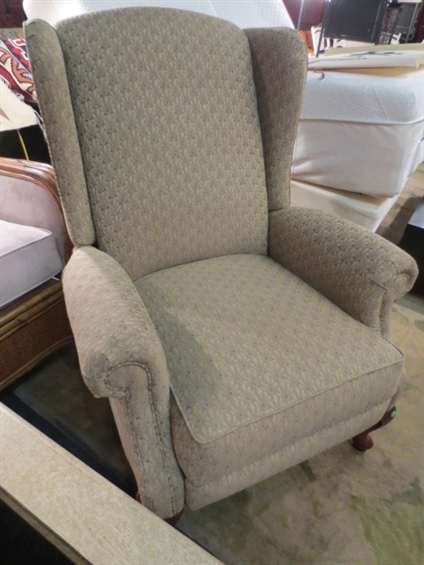 WINGBACK RECLINER WITH PALE GREEN/GRAY UPHOLSTERY, : WINGBACK RECLINER WITH PALE GREEN/GRAY UPHOLSTERY, EXCELLENT CONDITION