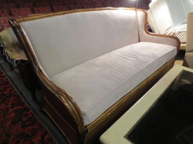 IMMACULATE PIERCE MARTIN HEAVY RATTAN AND BAMBOO SO: IMMACULATE PIERCE MARTIN HEAVY RATTAN AND BAMBOO SOFA, TAUPE MICROFIBER SEAT AND BACK, EXCELLENT CONDITION