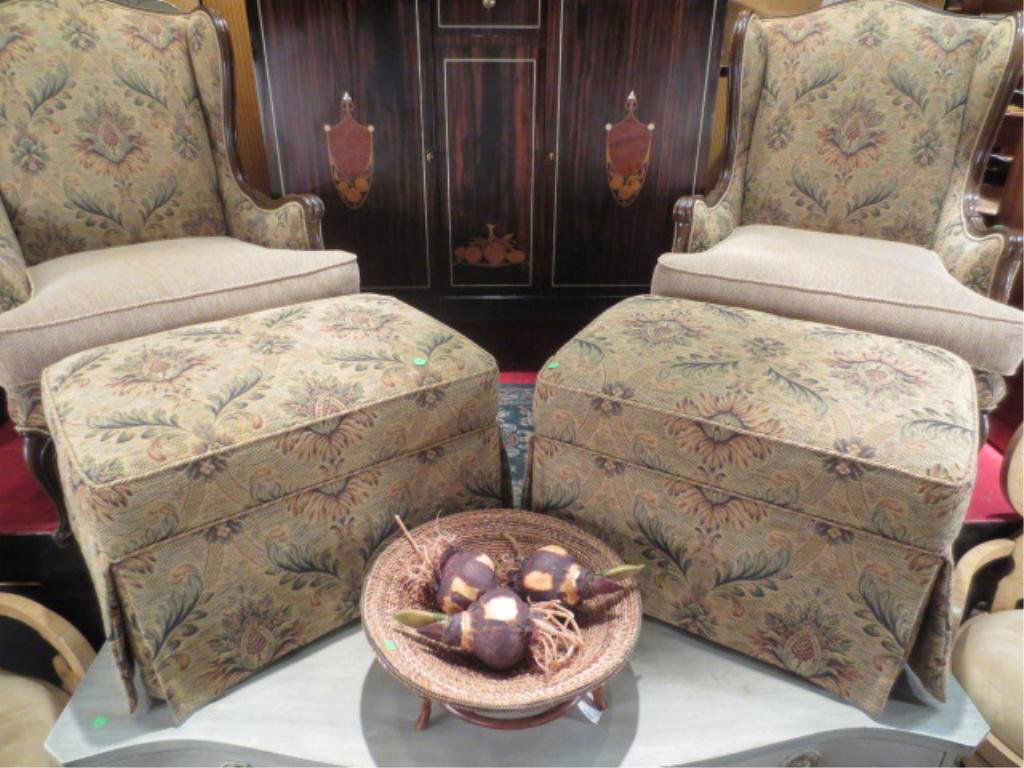 PAIR SKIRTED OTTOMANS, TROPICAL UPHOLSTERED IN PALM: PAIR SKIRTED OTTOMANS, TROPICAL UPHOLSTERED IN PALM AND PINEAPPLE PRINT ON BEIGE BACKGROUND, MATCHING WINGBACK CHAIRS SOLD SEPARATELY