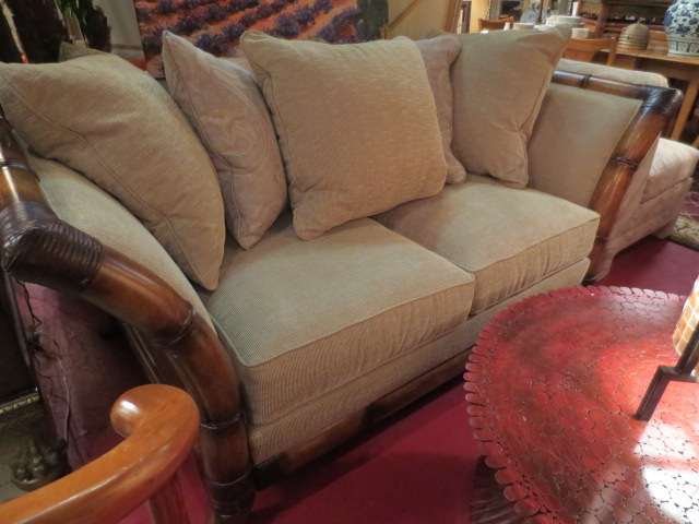 TOMMY BAHAMA STYLE LOVESEAT, HEAVY BAMBOO AND RATT: TOMMY BAHAMA STYLE LOVESEAT, HEAVY BAMBOO AND RATTAN, CURVED ARMS, TAUPE CUSHIONS, EXCELLENT CONDITION