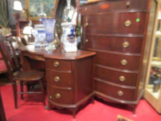 ANTIQUE MAHOGANY VANITY, MIRROR, AND CHAIR, INLAID: ANTIQUE MAHOGANY VANITY, MIRROR, AND CHAIR, INLAID MEDALLIONS, 2 DOOR CABINET UNDER VANITY TOP, MATCHING TALL CHEST SOLD SEPARATELY