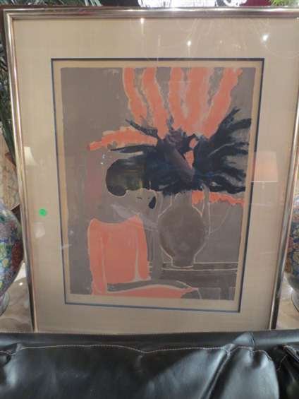 ANDRÉ BRASILIER WOMAN WITH VASE OF FLOWERS, LIMITE: ANDRÉ BRASILIER WOMAN WITH VASE OF FLOWERS, LIMITED EDITION LITHOGRAPH, #64 OF 80, APPROX 33" X 26" FRAMED