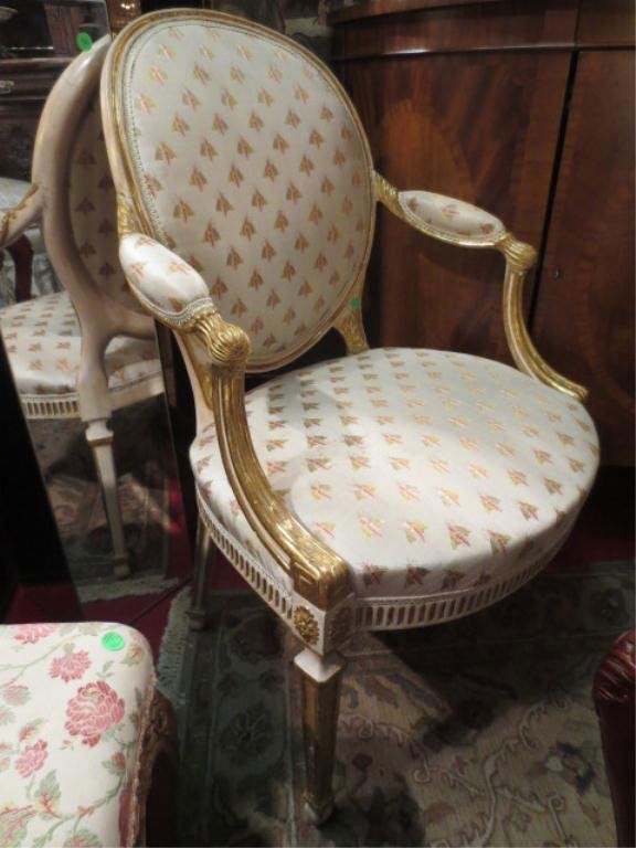 ANTIQUE FRENCH LOUIS XV STYLE FAUTEUIL CHAIR, WHIT: ANTIQUE FRENCH LOUIS XV STYLE FAUTEUIL CHAIR, WHITE AND GOLD GILT FRAME, IMMACULATE SILK UPHOLSTERY WITH NAPOLEONIC BEE PATTERN, OVERALL VERY GOOD CONDITION COMMENSURATE WITH AGE