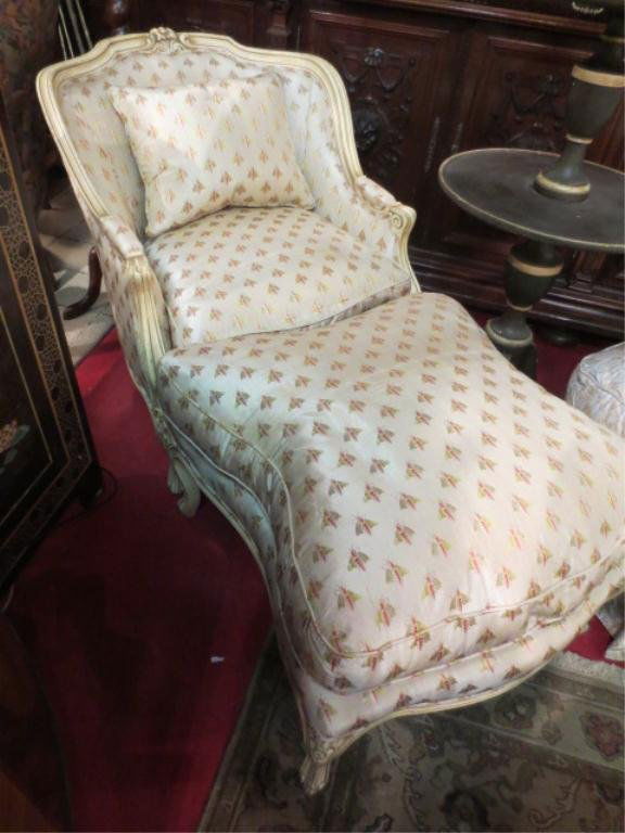 ANTIQUE FRENCH LOUIS XV STYLE ARMCHAIR AND OTTOMAN: ANTIQUE FRENCH LOUIS XV STYLE ARMCHAIR AND OTTOMAN, WHITE AND GOLD GILT FRAME, IMMACULATE SILK UPHOLSTERY WITH NAPOLEONIC BEE PATTERN, DOWN FILLED CUSHIONS, OVERALL VERY GOOD CONDITION COMMENSURATE WI