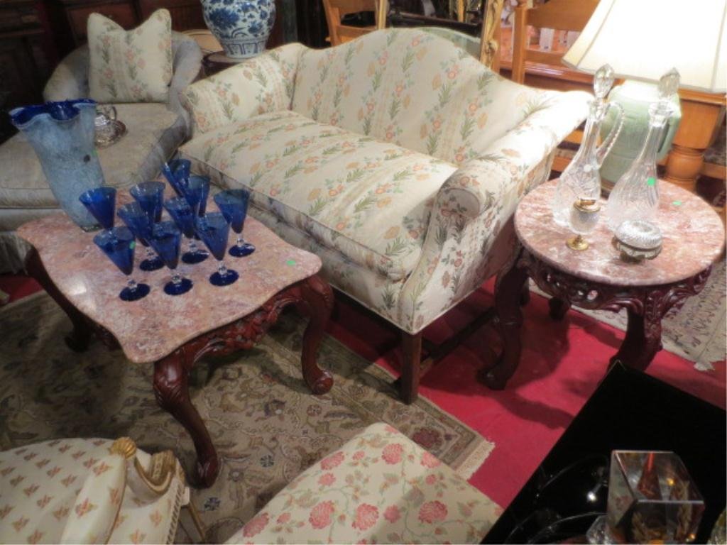2 PC SET REPRODUCTION FRENCH STYLE COFFEE AND SIDE: 2 PC SET REPRODUCTION FRENCH STYLE COFFEE AND SIDE TABLES, DARK FINISH BASES, PINK AND WHITE MARBLE TOPS, COFFEE TABLE APPROX 4' L, SIDE TABLE APPROX 20" L