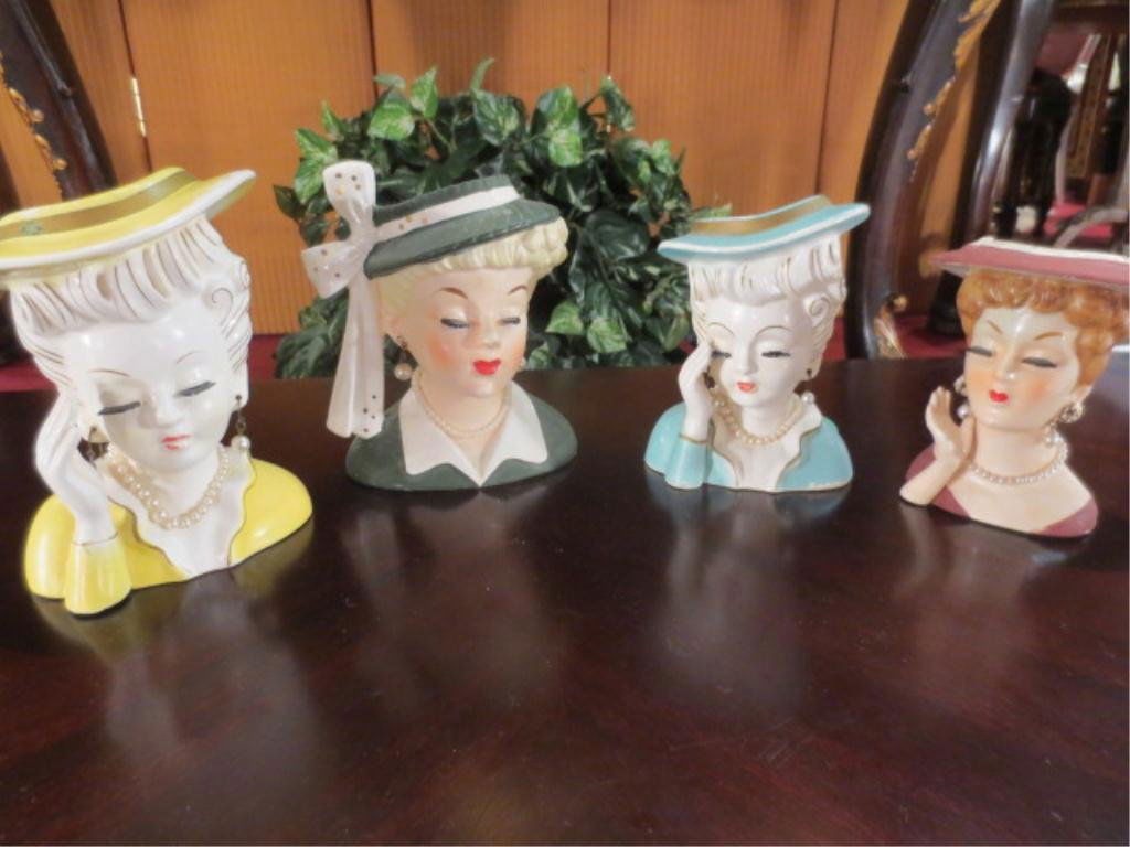 4 VINTAGE HEAD VASES, HANDPAINTED IN JAPAN, WITH E: 4 VINTAGE HEAD VASES, HANDPAINTED IN JAPAN, WITH EARRINGS/NECKLACES, INCLUDES TILSO, NAPCO, MARCO, & LEE WARDS BRANDS; TWO SMALLER VASES HAVE REPAIRS, ALL SOLD TOGETHER