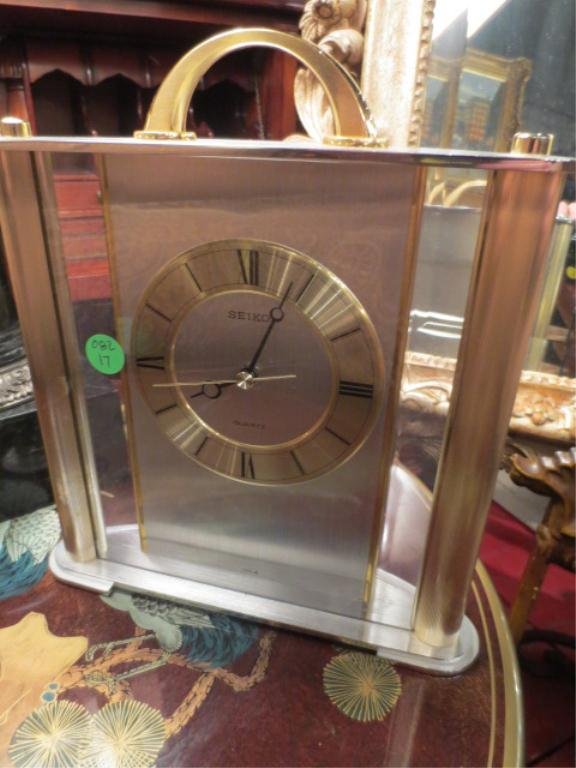 SEIKO CONTEMPORARY MANTEL CLOCK, BRUSHED STEEL AND: SEIKO CONTEMPORARY MANTEL CLOCK, BRUSHED STEEL AND BRASS FINISH, APPROX 12" L