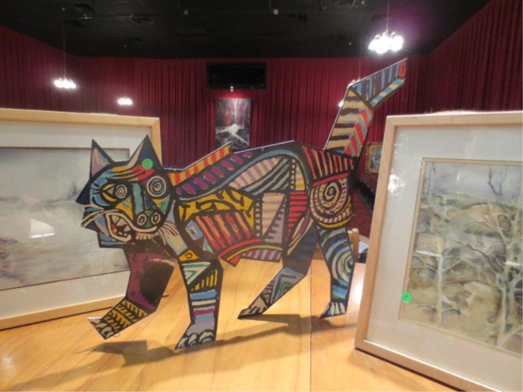 DAVID GERSTEIN PAINTED METAL CAT SCULPTURE, LIMITED: DAVID GERSTEIN PAINTED METAL CAT SCULPTURE, LIMITED EDITION #170 OF 250, SIGNED D. GERSTEIN, APPROX 24" X 29"