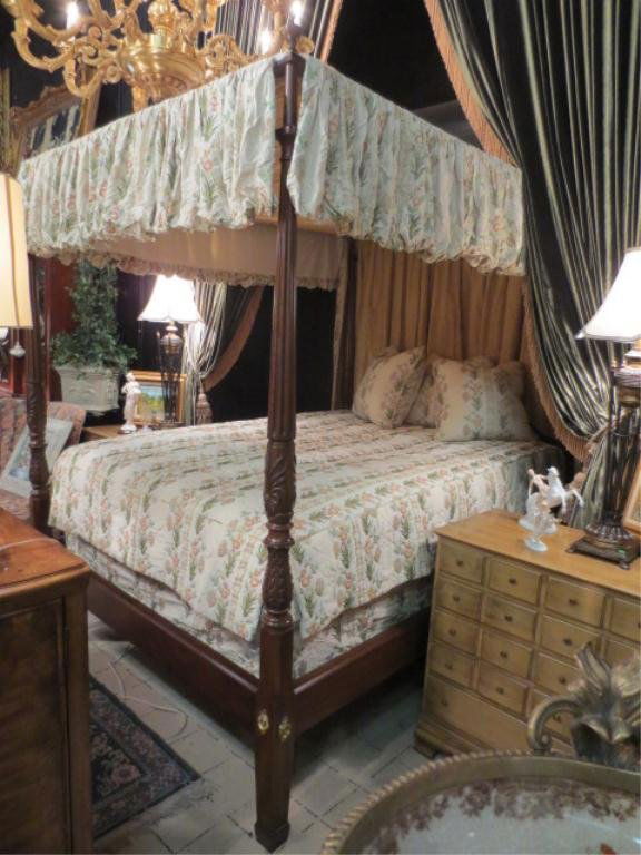 ANTIQUE QUEEN FOUR POSTER BED BY KITTINGER, SOLID M: ANTIQUE QUEEN FOUR POSTER BED BY KITTINGER, SOLID MAHOGANY WITH CANOPY, CARVED POSTS, BRASS ACCENTS, EXCELLENT CONDITION, LINENS, PILLOWS AND CANOPY INCLUDED, QUEEN PILLOWTOP MATTRESS SOLD SEPARATELY