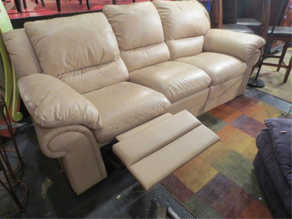 #1 OF TWO AVAILABLE CREAM LEATHER SOFAS, EACH WITH: #1 OF TWO AVAILABLE CREAM LEATHER SOFAS, EACH WITH DUAL RECLINERS, CONTEMPORARY STYLE, VERY GOOD CONDITION, EACH SOFA SOLD SEPARATELY