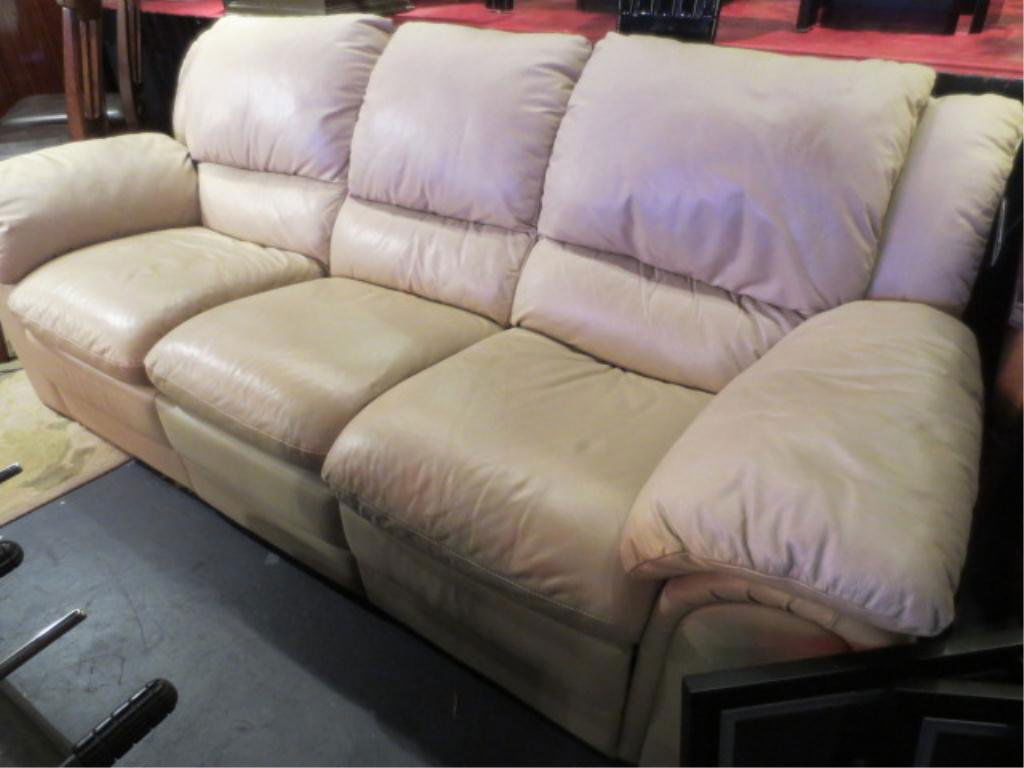 #2 OF TWO AVAILABLE CREAM LEATHER SOFAS, EACH WITH: #2 OF TWO AVAILABLE CREAM LEATHER SOFAS, EACH WITH DUAL RECLINERS, CONTEMPORARY STYLE, VERY GOOD CONDITION, EACH SOFA SOLD SEPARATELY