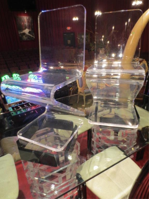 PAIR VINTAGE LUCITE CHAIRS, "Z" SHAPE, EACH FORMED : PAIR VINTAGE LUCITE CHAIRS, "Z" SHAPE, EACH FORMED FROM A SINGLE PIECE OF 1" THICK LUCITE, VERY GOOD CONDITION, 16"W, 16.5" D, 35"H