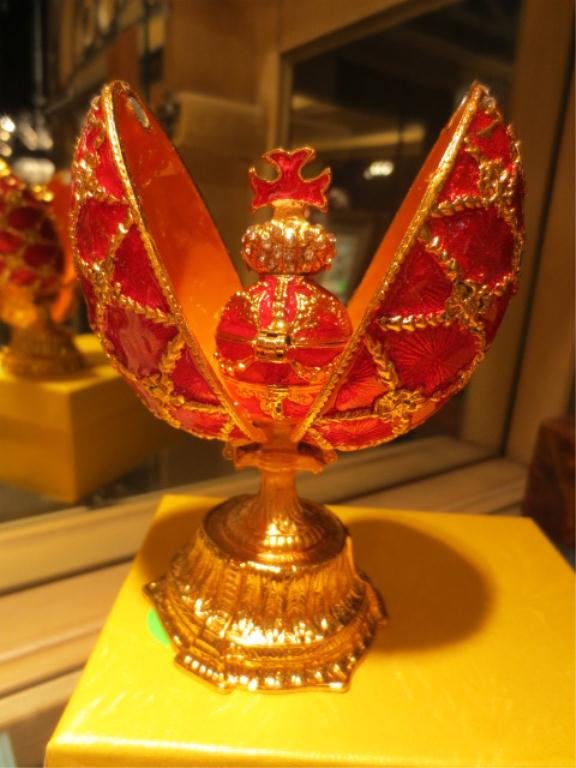 FABERGE STYLE EGG, RED ENAMEL, APPROX 4.5"H: FABERGE STYLE EGG, RED ENAMEL, APPROX 4.5"H