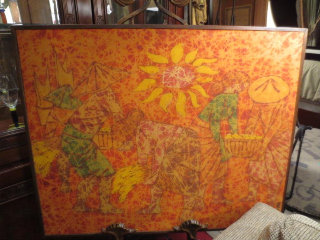 LARGE CHINESE BATIK FABRIC ARTWORK, IMAGE OF HARVE: LARGE CHINESE BATIK FABRIC ARTWORK, IMAGE OF HARVEST SCENE, WITH ARTIST'S CHOPMARK SIGNATURE, FROM LELAND ART HOUSE, TAIPEI, TAIWAN, CHINA, APPROX 25" X 31" FRAMED