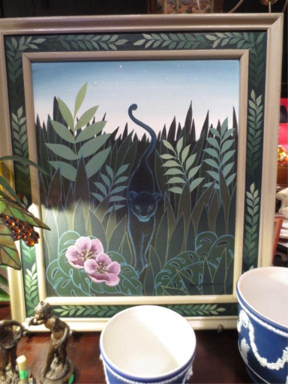 RUTH SCHINDLER PAINTING ON CANVAS, BLACK PANTHER, : RUTH SCHINDLER PAINTING ON CANVAS, BLACK PANTHER, SIGNED LOWER RIGHT, APPROX 31.5" X 27"