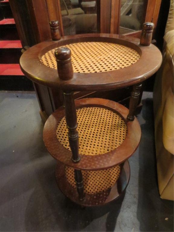 VINTAGE WOOD AND CANE 3 TIER SIDE TABLE, APPROX 18: VINTAGE WOOD AND CANE 3 TIER SIDE TABLE, APPROX 18" ROUND