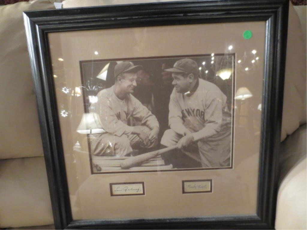 LOU GEHRIG & BABE RUTH AUTOGRAPHS WITH FRAMED PICTU: LOU GEHRIG & BABE RUTH AUTOGRAPHS WITH FRAMED PICTURE, WITH CERTIFICATE OF AUTHENTICITY FROM STACKS OF PLAQUES