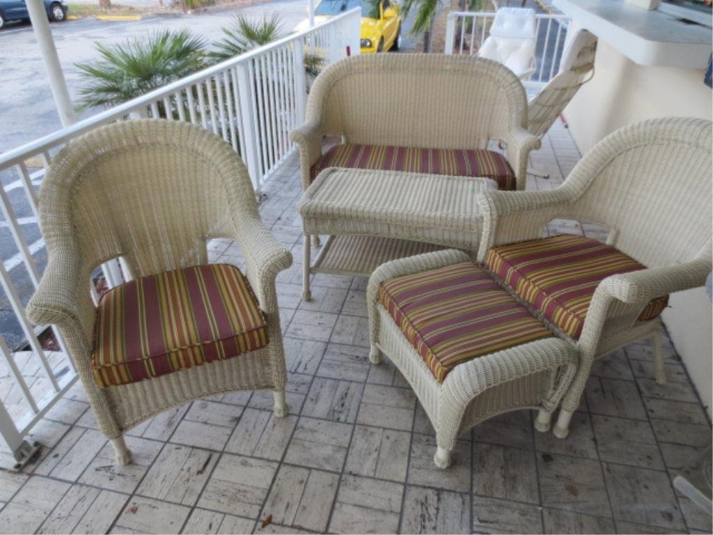 5 PC WICKER STYLE PATIO SET, ALL WEATHER COMPOSITIO: 5 PC WICKER STYLE PATIO SET, ALL WEATHER COMPOSITION, INCLUDES LOVESEAT, PAIR OF CHAIRS, OTTOMAN, AND TABLE, VERY GOOD CONDITION