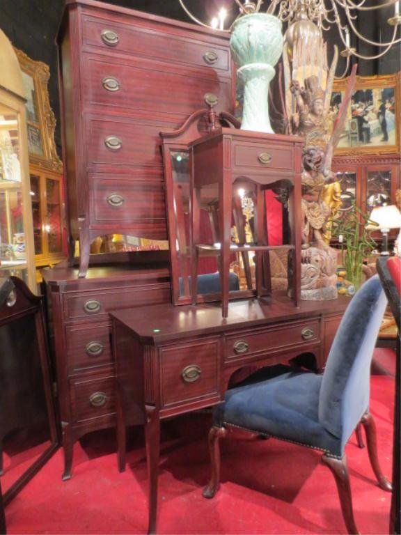 ANTIQUE BEDROOM SET: ANTIQUE BEDROOM SET, INCLUDES TALL CHEST, DRESSER, VANITY, TWO MIRRORS, FULL SIZE FOUR POST HEADBOARD, FOOTBOARD, AND RAILS