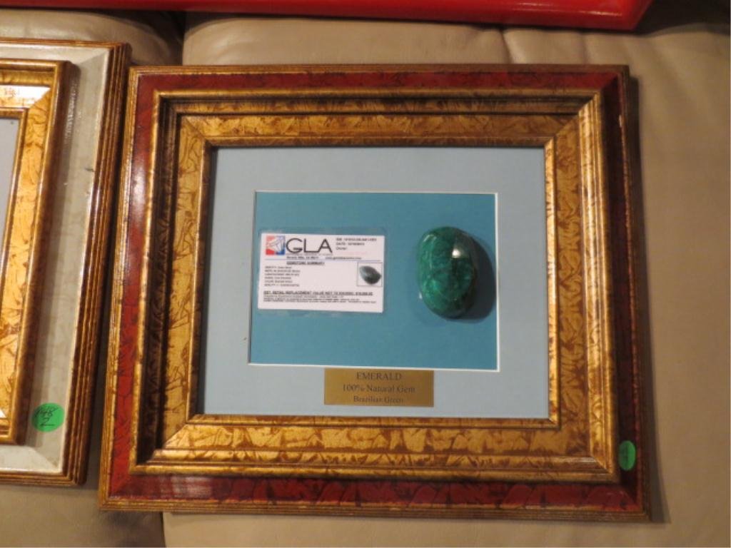 HUGE OVAL FACETED GREEN BERYL, EMERALD GREEN HUE, A: HUGE OVAL FACETED GREEN BERYL, EMERALD GREEN HUE, APPROX 608.75 CTS, FRAMED WITH GLA CERTIFICATION, APPROX 13.5" X 15.5" FRAMED