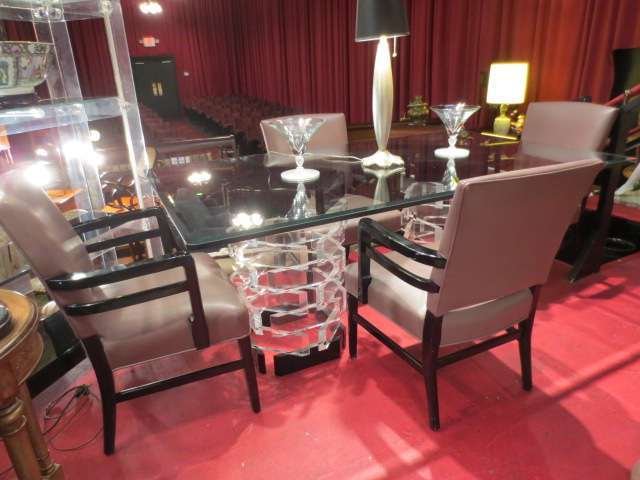 VINTAGE LUCITE DUAL PEDESTAL TABLE, STACKED CLEAR A: VINTAGE LUCITE DUAL PEDESTAL TABLE, STACKED CLEAR AND BLACK LUCITE BLOCKS, INCLUDES 4 BLACK LUCITE CHAIRS, BEVELED GLASS TOP, LUCITE IS IN EXCELLENT CONDITION, 2 PAIRS OF LATE ART DECO ARMCHAIRS IN PH