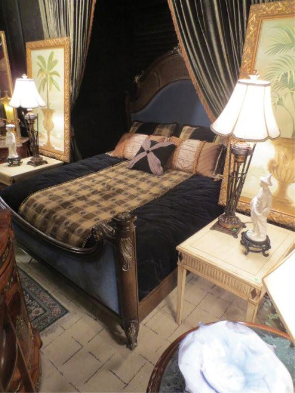 ORNATE FRENCH STYLE KING SIZE BED, FRENCH BLUE MOHA: ORNATE FRENCH STYLE KING SIZE BED, FRENCH BLUE MOHAIR VELVET PADDED HEADBOARD AND FOOTBOARD, DARK FINISH WITH SILVERY GOLD ACCENTS, INCLUDES HEADBOARD, FOOTBOARD, RAILS, KING MATTRESS SET SOLD SEPARAT