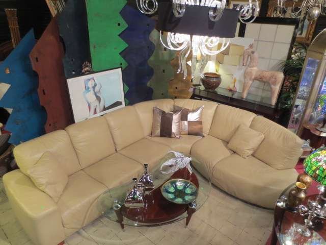 CONTEMPORARY LEATHER SECTIONAL SOFA BY CONTEMPO, L: CONTEMPORARY LEATHER SECTIONAL SOFA BY CONTEMPO, LIGHT SAND COLOR LEATHER, 4 PIECES INCLUDE LEFT HAND LOVESEAT, SINGLE SECTION, CORNER, AND RIGHT HAND CHAISE, INCLUDES HALF-ROUND OTTOMAN, LEATHER IS I