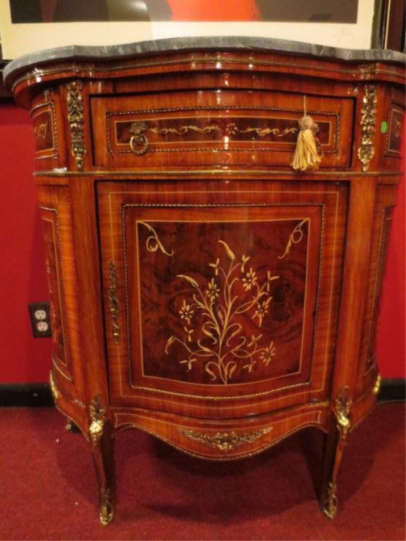 FRENCH LOUIS XV STYLE DEMI LUNE CHEST, UPPER DRAWE: FRENCH LOUIS XV STYLE DEMI LUNE CHEST, UPPER DRAWER ABOVE SINGLE DOOR CABINET, GILT BRONZE ORMOLU, PAINTED FLORAL DESIGNS, MARBLE TOP, APPROX 3.5'W