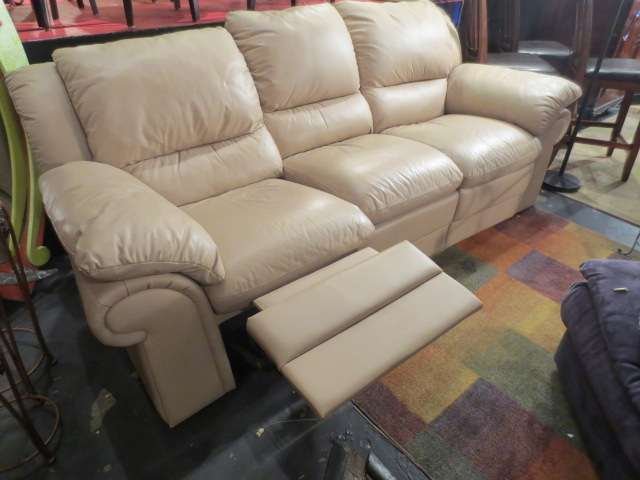 NEW, NEVER USED BEIGE LEATHER SOFA, TAGS STILL ATTA: NEW, NEVER USED BEIGE LEATHER SOFA, TAGS STILL ATTACHED, DUAL RECLINERS, CONTEMPORARY STYLE
