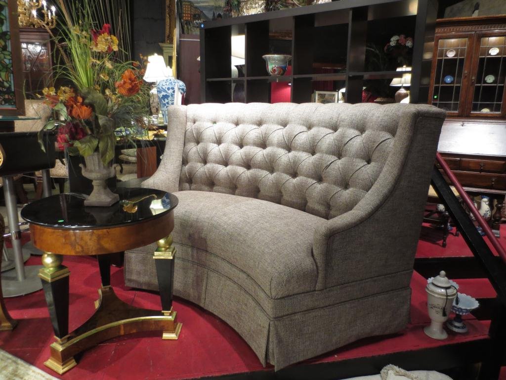 HIGH BACK CURVED SETTEE, TUFTED DOVE GRAY UPHOLSTER: HIGH BACK CURVED SETTEE, TUFTED DOVE GRAY UPHOLSTERY, SKIRTED BASE, EXCELLENT CONDITION, APPROX 6'L