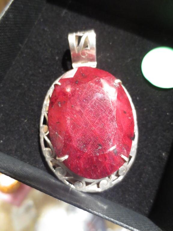 RUBY & STERLING SILVER PENDANT, OVAL SHAPE, APPROX : RUBY & STERLING SILVER PENDANT, OVAL SHAPE, APPROX 2" X 1.5"