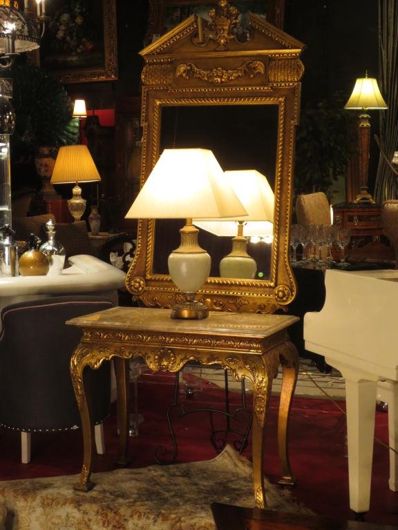 #1 OF TWO AVAILABLE FRENCH STYLE FOYER TABLES WITH : #1 OF TWO AVAILABLE FRENCH STYLE FOYER TABLES WITH MIRRORS, GOLD FINISH, BEVELED CREAM MARBLE TOP, CABRIOLE LEGS, COMBINED MIRROR AND TABLE HEIGHT APPROX 6', EACH SET SOLD SEPARATELY