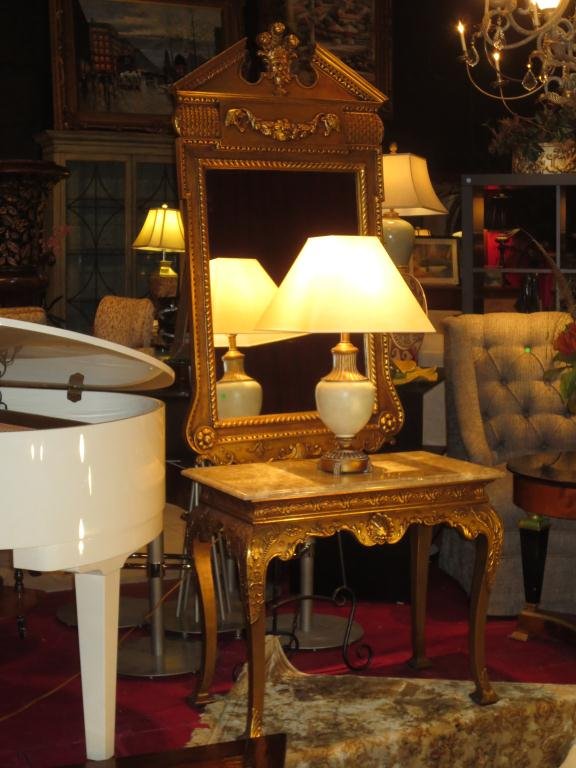 #2 OF TWO AVAILABLE FRENCH STYLE FOYER TABLES WITH : #2 OF TWO AVAILABLE FRENCH STYLE FOYER TABLES WITH MIRRORS, GOLD FINISH, BEVELED CREAM MARBLE TOP, CABRIOLE LEGS, COMBINED MIRROR AND TABLE HEIGHT APPROX 6', EACH SET SOLD SEPARATELY