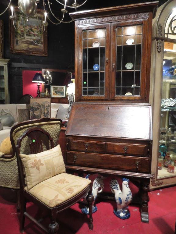 VINTAGE ETHAN ALLEN DROPFRONT SECRETARY, DARK FINI: VINTAGE ETHAN ALLEN DROPFRONT SECRETARY, DARK FINISH, GLASS FRONT LIGHTED CABINET, 3 LOWER DRAWERS, VERY GOOD CONDITION, APPROX 6'H