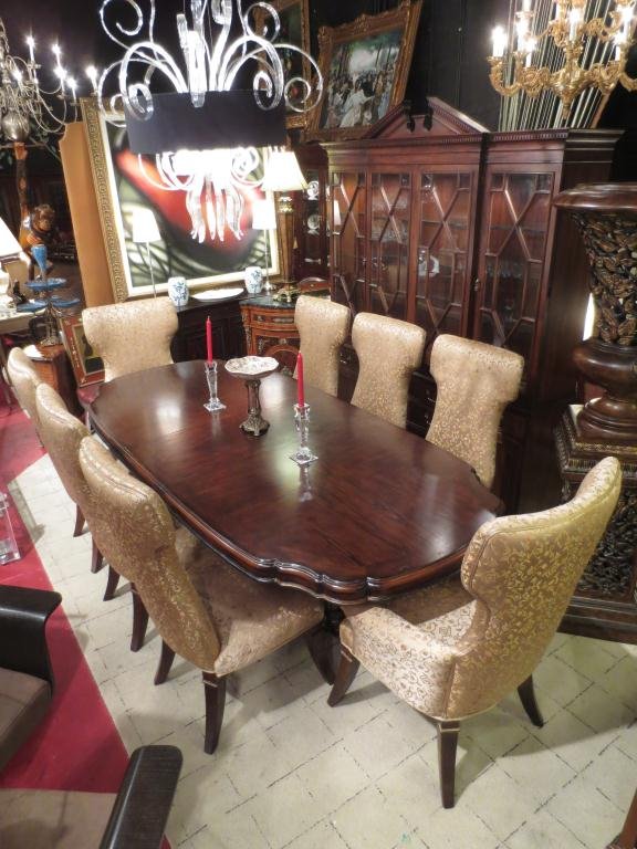 DUAL PEDESTAL DINING TABLE WITH 2 LEAVES, DARK FIN: DUAL PEDESTAL DINING TABLE WITH 2 LEAVES, DARK FINISH, INCLUDES 8 NEOCLASSICAL KLISMOS STYLE CHAIRS IN GOLD UPHOLSTERY (6 SIDE CHAIRS, 2 ARMCHAIRS)
