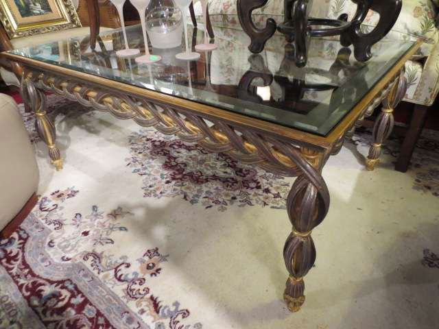 DCOTA DESIGNER COFFEE TABLE, CARVED WOOD IN WOVEN: DCOTA DESIGNER COFFEE TABLE, CARVED WOOD IN WOVEN DRAPERY MOTIF, WITH SILVER AND GOLD GILT, GLASS INSET TOP, APPROX 5'L