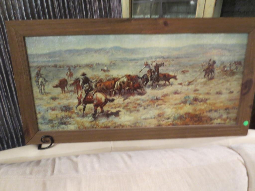 TWO FRAMED GICLEES ON CANVAS, WESTERN SCENES, APPR: TWO FRAMED GICLEES ON CANVAS, WESTERN SCENES, APPROX 17.5" X 34.5" FRAMED, SOLD TOGETHER