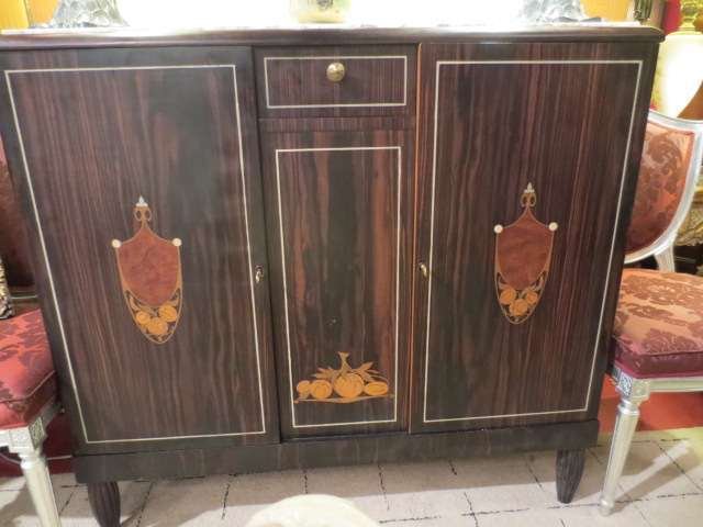 EARLY FRENCH ART DECO CABINET, CIRCA 1915, MACASSA: EARLY FRENCH ART DECO CABINET, CIRCA 1915, MACASSAR EBONY WITH IVORY AND EXOTIC WOOD INLAY, BRONZE ACCENTS, WHITE AND BLACK MARBLE TOP, 42.5"H X 21" D X 4'2"L