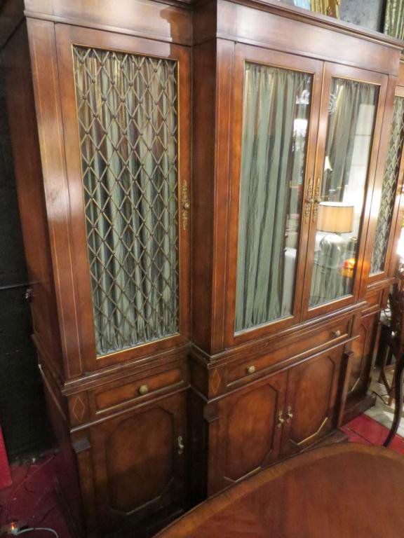 VINTAGE BREAKFRONT, DARK FINISH, UPDATED TO ACCOMODATE : VINTAGE BREAKFRONT, DARK FINISH, UPDATED TO ACCOMODATE TV, LOWER CABINET INCLUDES ORIGINAL RECORD PLAYER AND LP STORAGE RACKS, VERY GOOD CONDITION, APPROX 7' X 7'